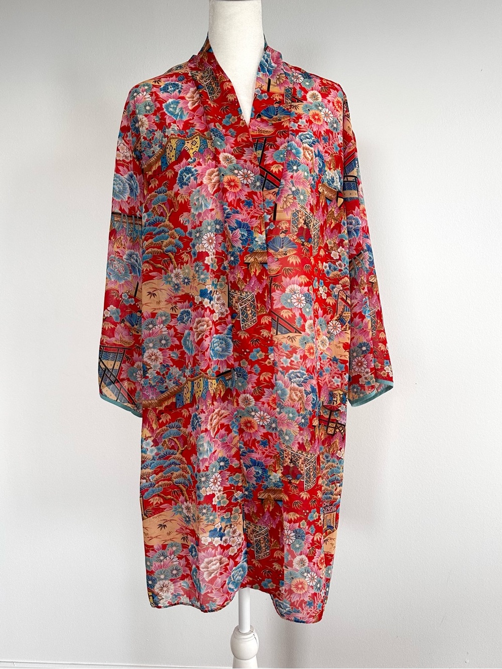 Josie Natori Asian scenery printed sheer chiffon kimono robe